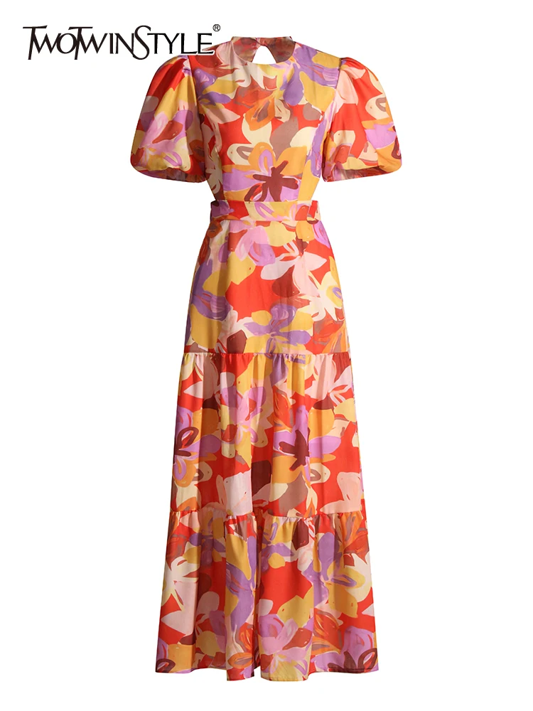 

TWOTWINSTYLE повседневное летнее платье с открытой спиной для женщин, круглый вырез, короткий рукав, высокая талия, принт, цветное платье средней ...