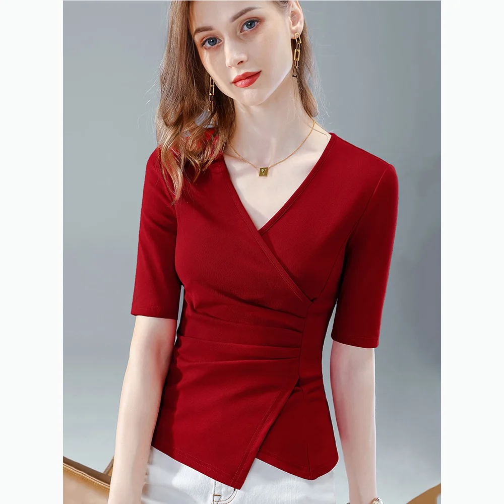 

New Women V-Neck T-shirt Summer 2022 Fashion Cross V-neck Asymmetrical Hem Design Cotton T-shirt Chic Folds Soft Slim Tee Tops