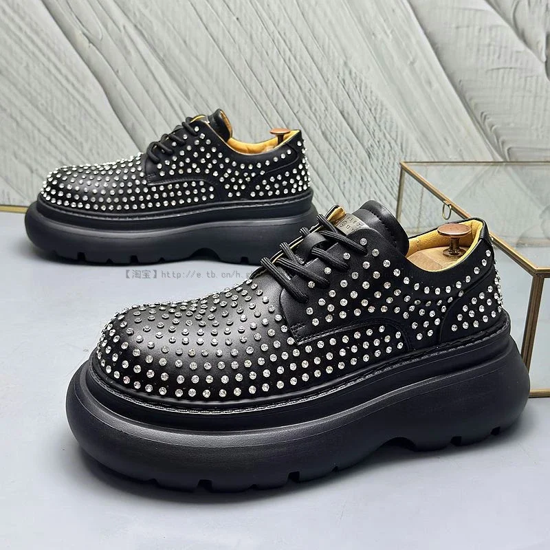 Мужские повседневные кожаные туфли со стразами и круглым носком на платформе с