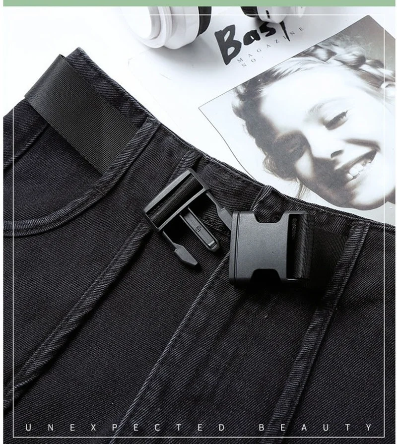 2023 High-waisted Pocket Loose A-word Hot Short Jeans Black Denim Shorts with Belt Women's Casual Personality Streetwear Fashion