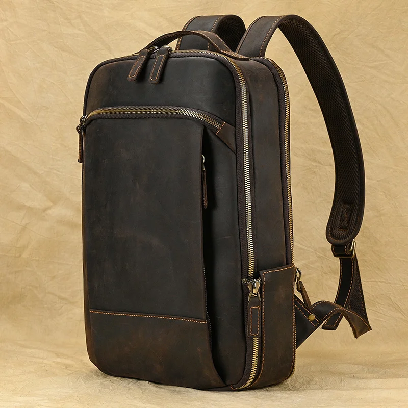 Vintage Travel Backpack leather double zipper bagpack male crazy horse backpack handmade travel men