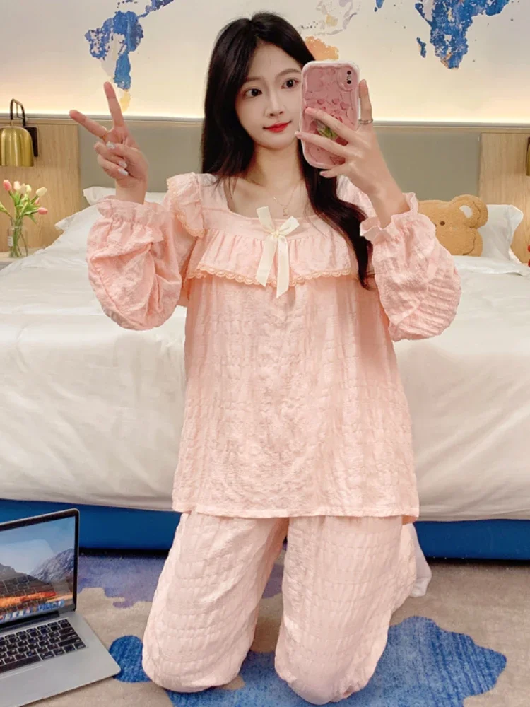 Женские пижамы с расклешенными рукавами милый дизайн бантом нежная мягкая