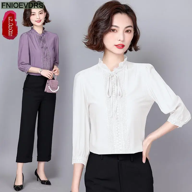 Женская элегантная офисная кружевная рубашка с длинным рукавом и
