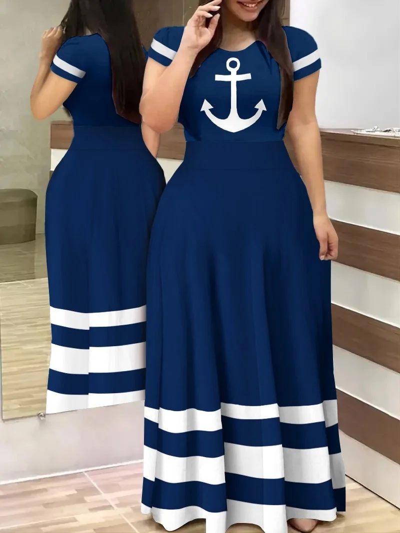 Plus Size Large Women's Dress Round Neck Summer New Style Commuting Digital Print Long Dress Short Sleeve Casual Female Clothes