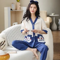 2022 cotton kimono home clothing women korean pajamas set short sleeves sleep tops long pant spring pijamas suit sleepwear