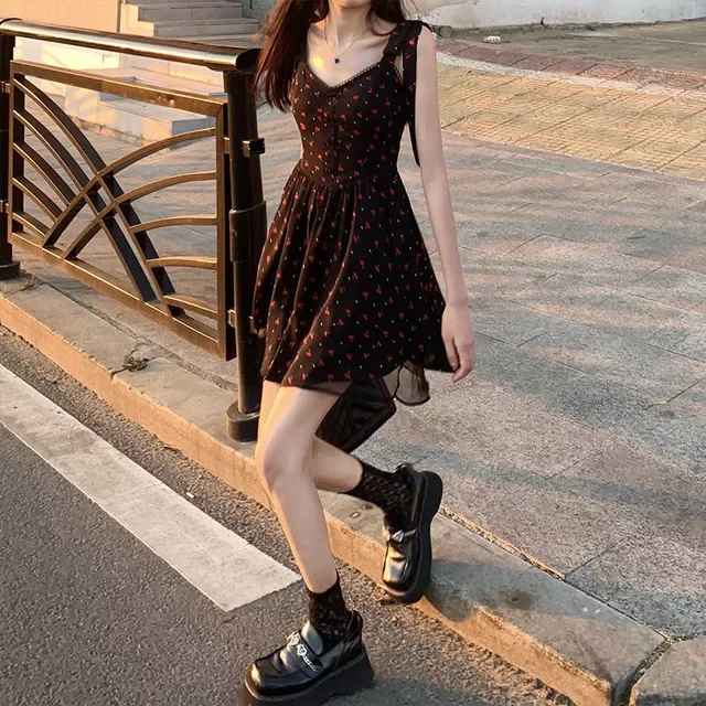 

2022New Mini Sleeveless Dress Women Sweet Floral Bow Lace-up Vintage Girls Korean Style Empire Slender Temperament Streetwear In