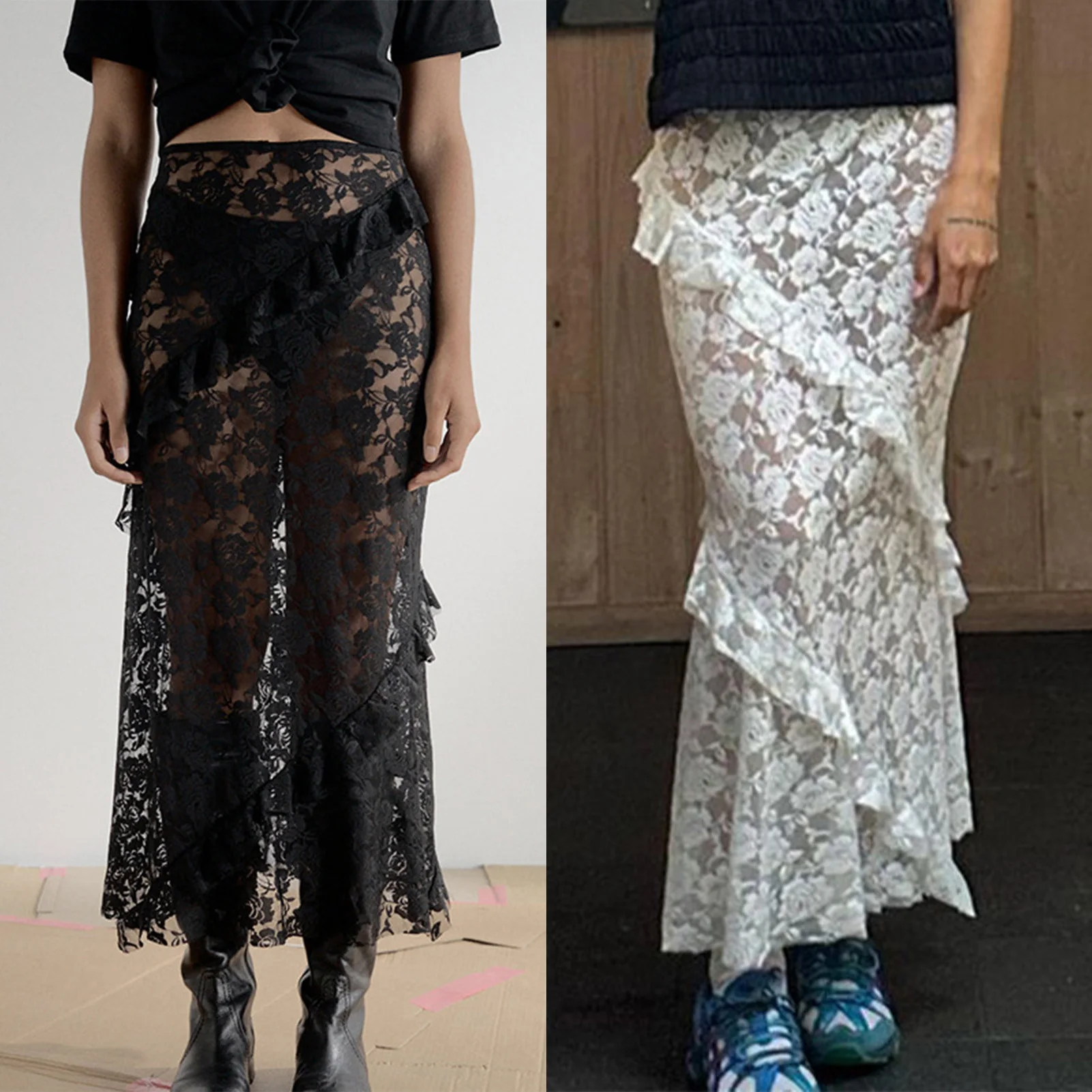 

Sexy Womens Lace Skirt Lady Mesh See Through Comfy Solid Color Patchwork Floral Cocktail Party Skirt Y2K Style Streetwear Suit