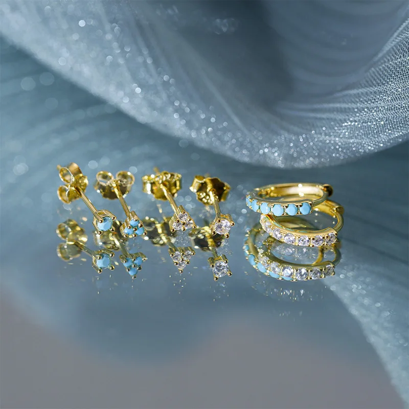 

Aide 925 Sterling Silver Turquoise Zircon CZ Stud Earrings For Women Colorful Crystal Pave Circle Piercing Ear Studs Jewel 3PCs