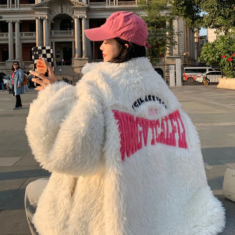 Ladies White Lamb Fluffy Coat Jackets Women's Winter Fashion Street Y2K Loose Lazy Padded  Jackets American Style Embroidery