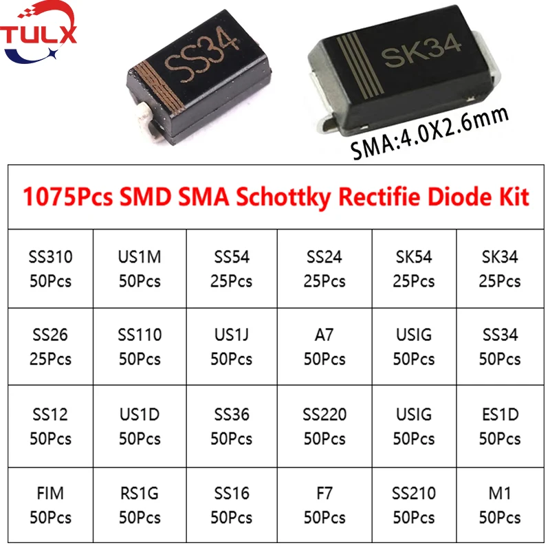 1075Pcs/ Box 24 Values SMD SS310 SK54 SS110 1N5822 1N4007 ES1J FR107 SR2100 1N5817 SS16 S1M S2M SMA Schottky Rectifie Diode Kit