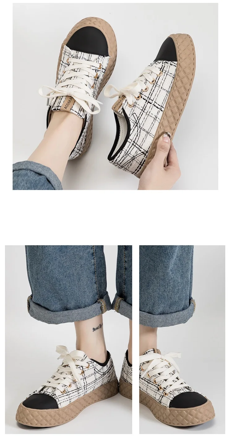 Кеды женские клетчатые в стиле ретро холщовые кроссовки на толстой подошве