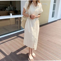 black short sleeve dress solid linen korean style dresses loose womens clothing blouse lace up dress vestidos verano mujer