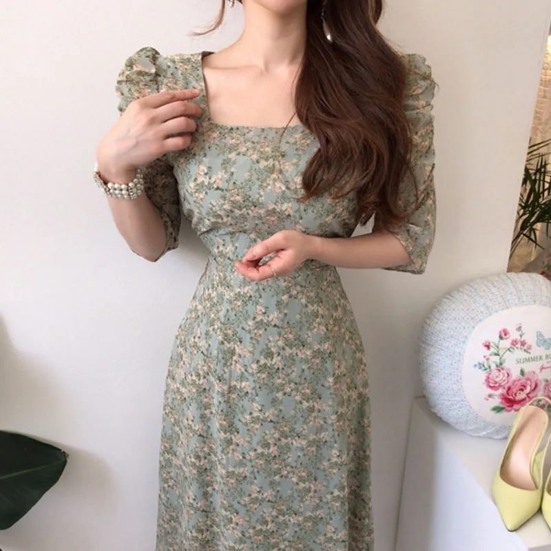 

ChicHoliday Puff Sleeve Square Collar Print Women Dress Summer Casual High Waist Floral Long Dresses A-line Elegant Vestidos