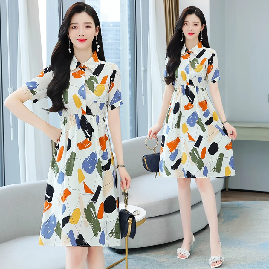 

DUNMA Harajuku Casual Ladies Short Sleeve Polo Neck A Line Dress Korean Color Graffiti Long Maxi Dress Women Summer 2023 Dresses