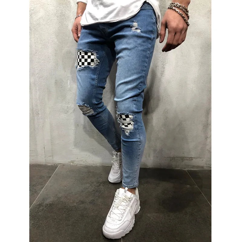 Men's Jeans Youth Ripped Jeans Men's Slim Pants Mid-Waist y2k Sports Pencil Pants Fashion Casual Patchwork Pants New vaqueros