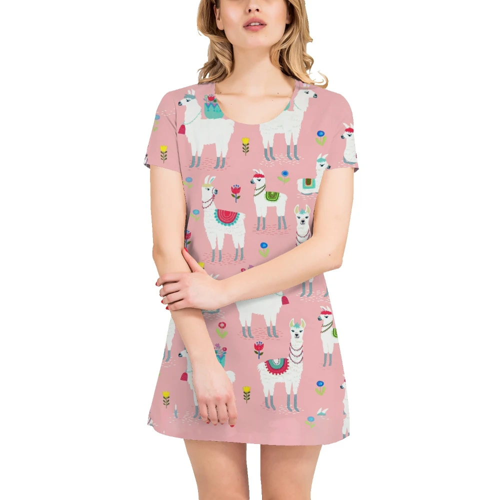 

Ladies New Dress 3D Alpaca Print T-Shirt O Neck Short Sleeve Pink Skirt, Alpaca Print Dress