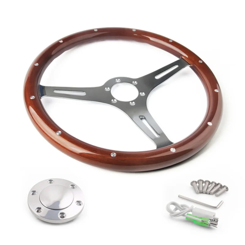 

Racing Car 380mm 15" Classic Wooden Steering Wheel Chrome Silver Spoke Vintage Classic Wood Grain Steering Wheel