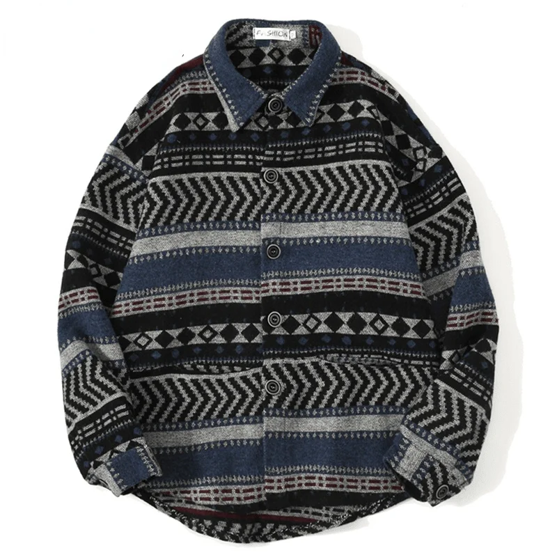 

Retro ethnic style Long Sleeve Woolen Shirt Men Streetwear Hip Hop Oversized Shirts Brand Harajuku Casual Fashion Men's Shirt