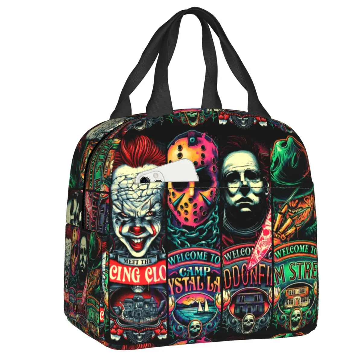 Welcome To Horror Movies Lunch Bag Portable Cooler Thermal Insulated Halloween Killer Lunch Box for Women Kids Picnic Food Tote