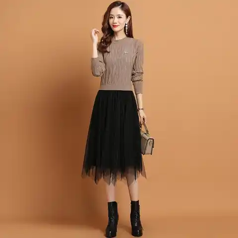 Slim bottom pullover dress female autumn and winter 2023 new lace long over -knee knit sweater long sleeve o neck dress female