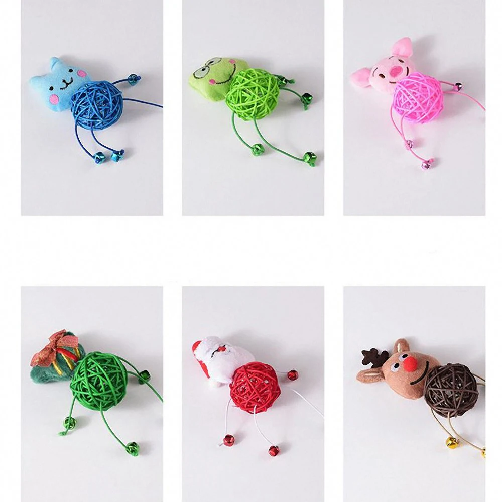 

Rattan Ball Cat Toys Cartoon Plush Toy Rattan Ball with Bell for Cat Frog Pig Elk Snowman Kitten Interactive Toy Pet Supplies