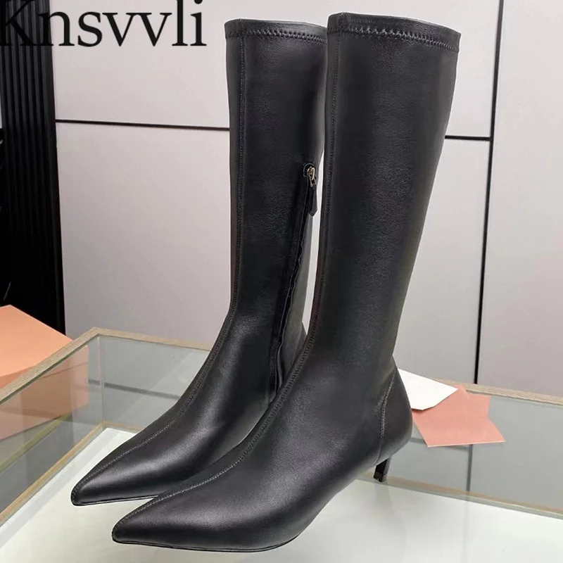 

Black White Knee High Boots Women Pointed Toe Runway Shoes Genuine Leather Stretch Boots Sexy Kitten heel Long Boots Woman Botas