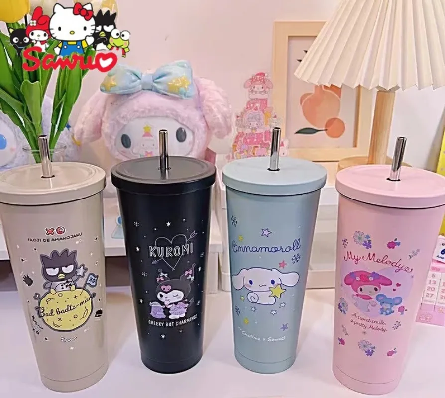 

Sanrio Kuromi Hello Kitty Melody Cinnamoroll Vacuum 304 Stainless Steel Straw Drinking Cup with Lid Water Cup Ice Bomber Cup