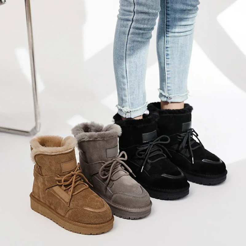 

Winter Outdoor Women Wool Fluffy Fur Genuine Leather Shoes Chelsea Ankle Snow Boots Cow Suede Platform Booties Warm Plush Flats