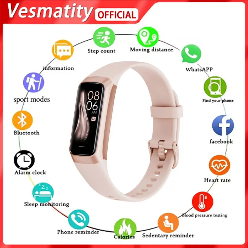 

Vesmatity Smart Bracelet For Women 1.1" Color AMOLED Screen Heart Rate Fitness Tracker Blood Pressure Waterproof Sport Smartband