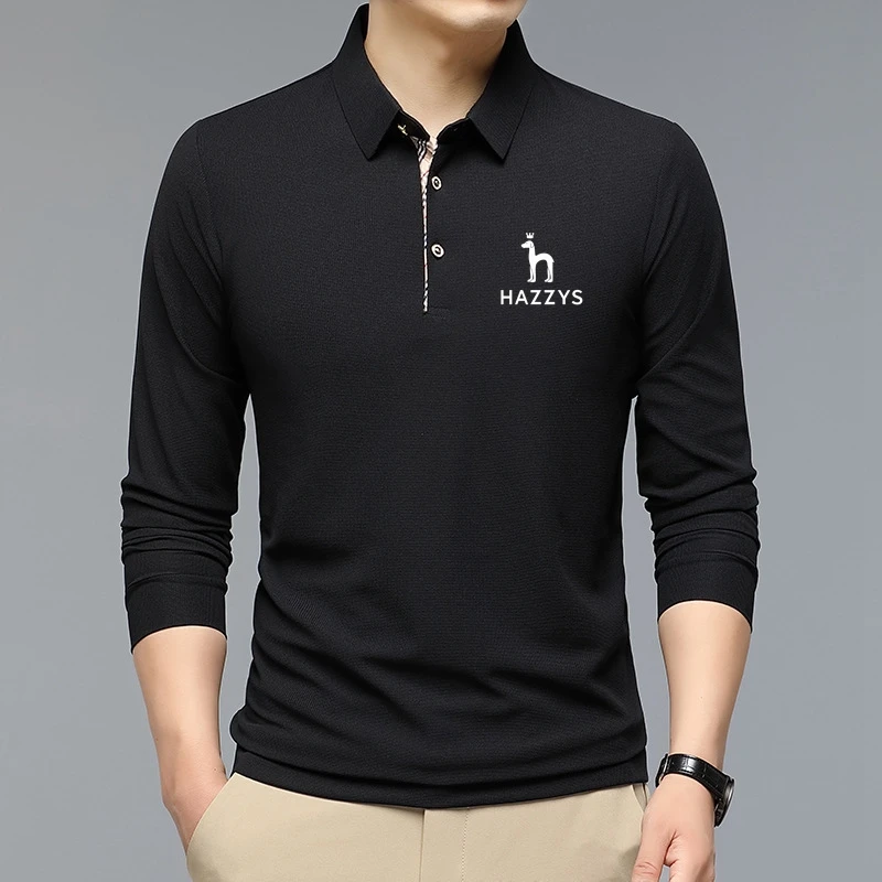 New Fashion Solid Polo Shirt Men Korean Clothing Long Sleeve Casual Fit Slim HAZZYS Button Collar Tops Sports Golf Summer 2023