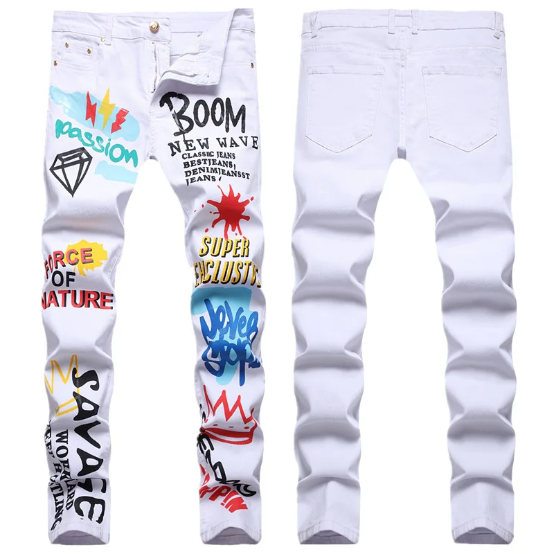 

Men's Hand-Painted Color Printed Slim Fit Jeans White Stretch Trousers 2022 High Street Quality Hip Hop Casual Fashion Apparel