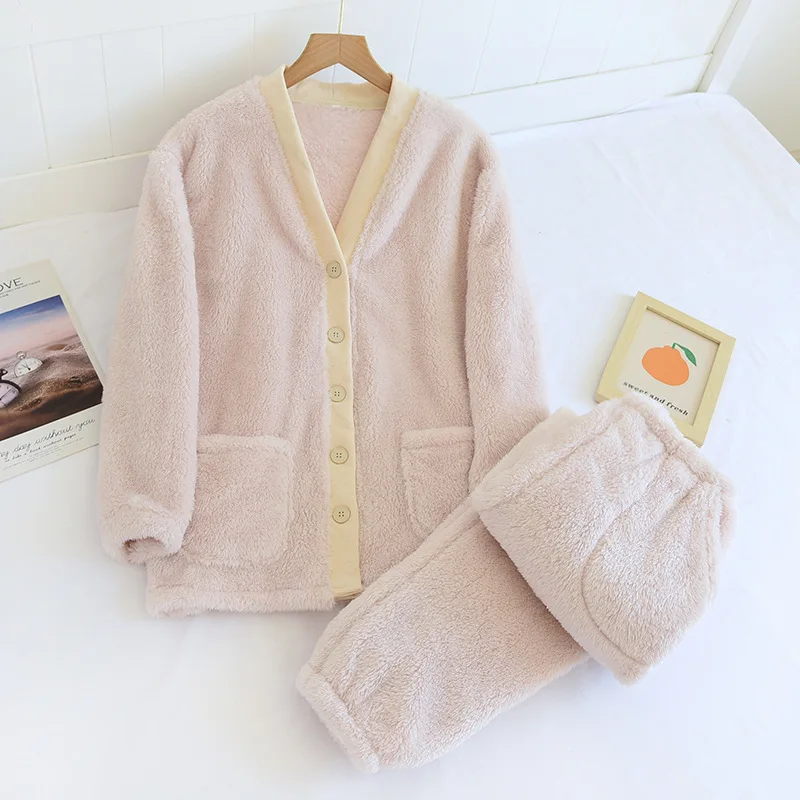 Winter New style Women's Pajamas Set Thickened Warm Flannel V-neck Casual Long Sleeve Pants Household Suit Two piece Set