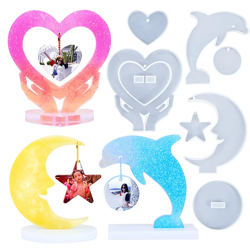 

Diy Crystal Epoxy Resin Mold Heart Photo Frame Mold Moon Dolphin Plaster Table Pendant Silicone Mold DIY Resin Casting Mold