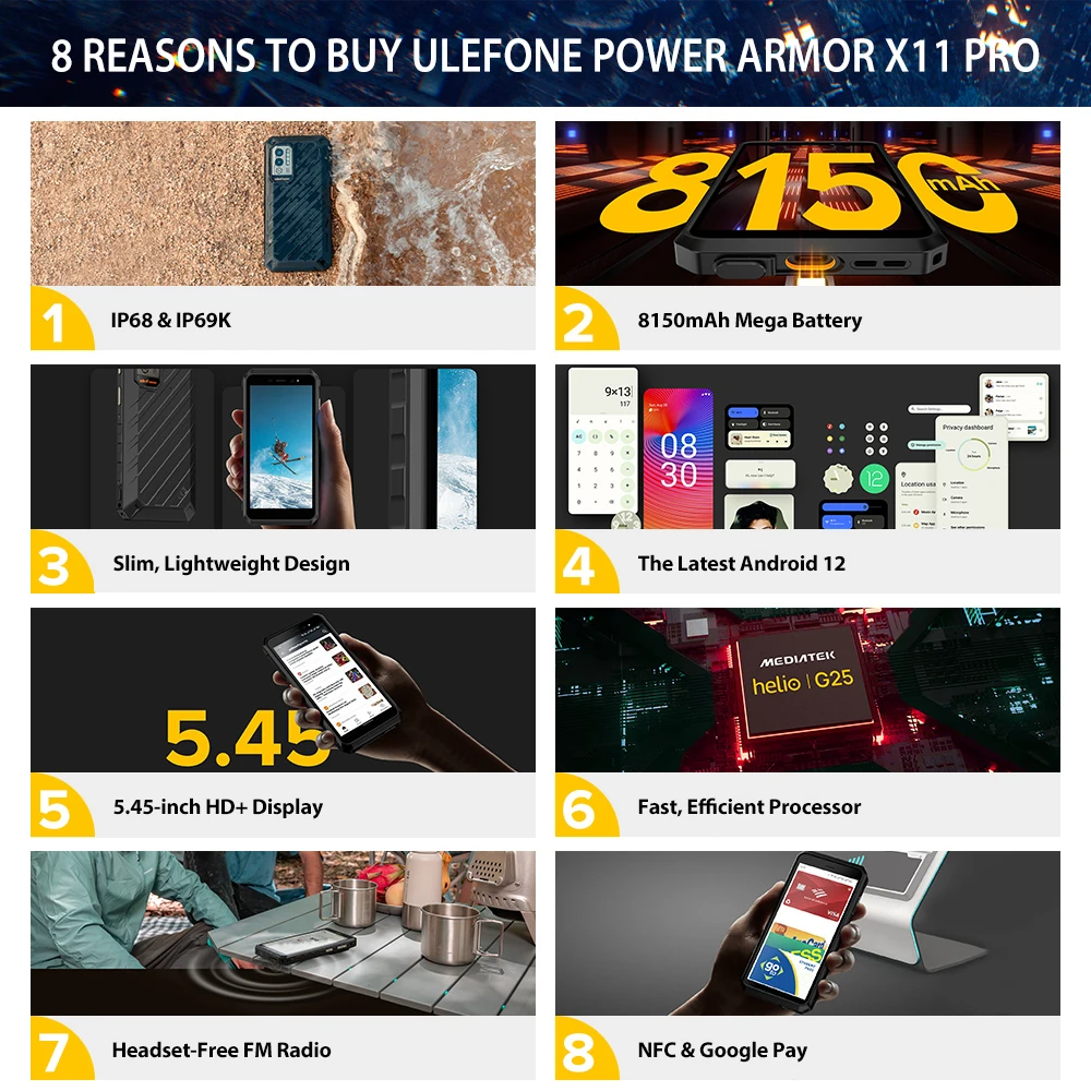 Ulefone Power Armor X11 Pro Mobile Phone 4GB 64GB ROM 8150 mAh Waterproof Smartphone NFC 2.4G/5G WiFi Cellphone