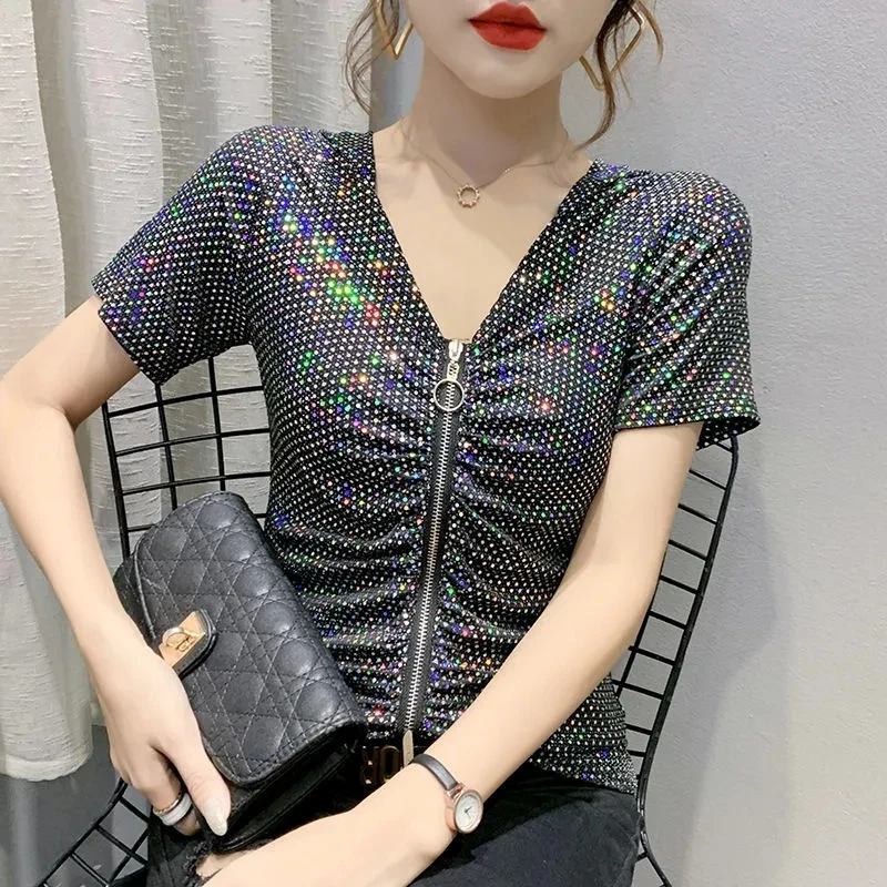 

Sequine Hooded Shirt Women 2022 Summer New Thin Short-sleeve Tops Ropa Mujer Fashion Folds Zipper T-shirt V Neck Slim Fit Blusas