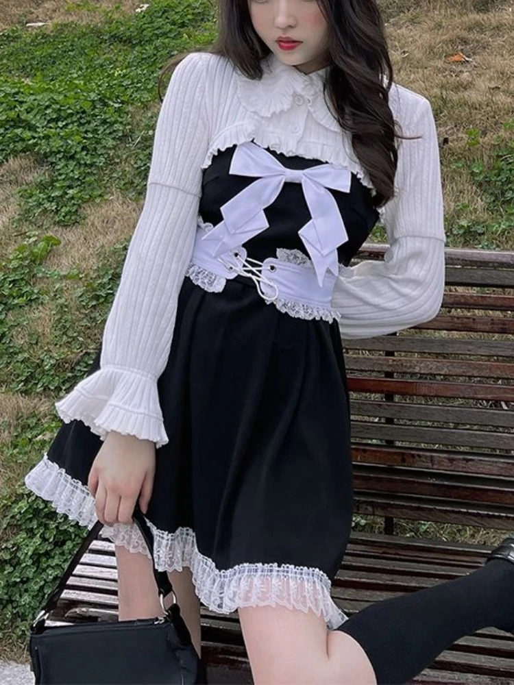 

Кружевное милое женское платье в стиле Лолита, черные элегантные праздничные мини-платья в японском стиле, женское сказочное платье с банто...