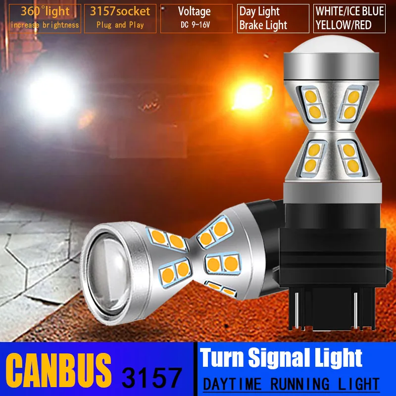 

2PCS T25 Canbus No Error 3157 LED Front Turn Signal Lamp DRL Car Rear Brake Lights Parking Bulbs Amber Yellow White Red Ice Blue