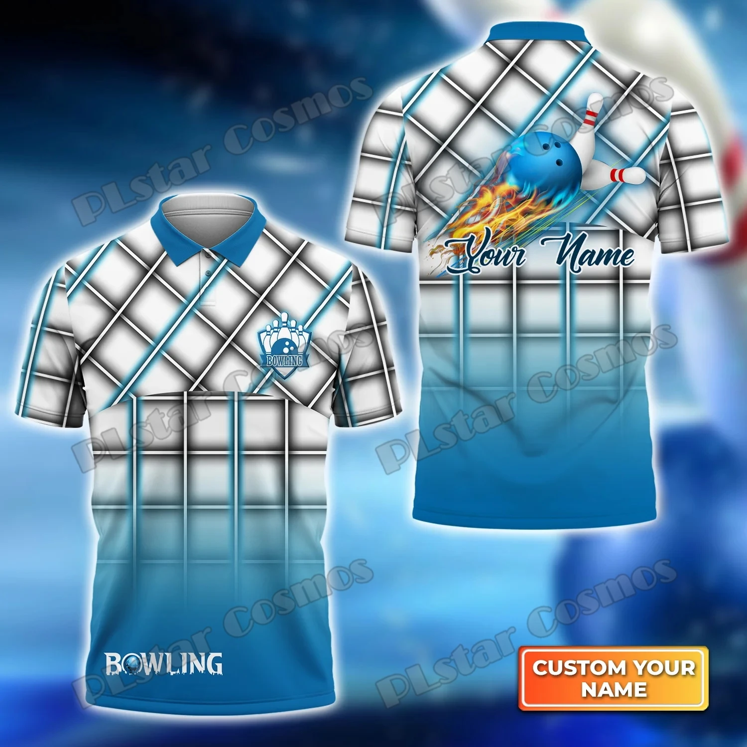 Blue Bowling Ball And Pins On Fire Pattern Custom Name 3D Printed Men's Polo Shirt Summer Street Unisex Casual Polo shirt WK114