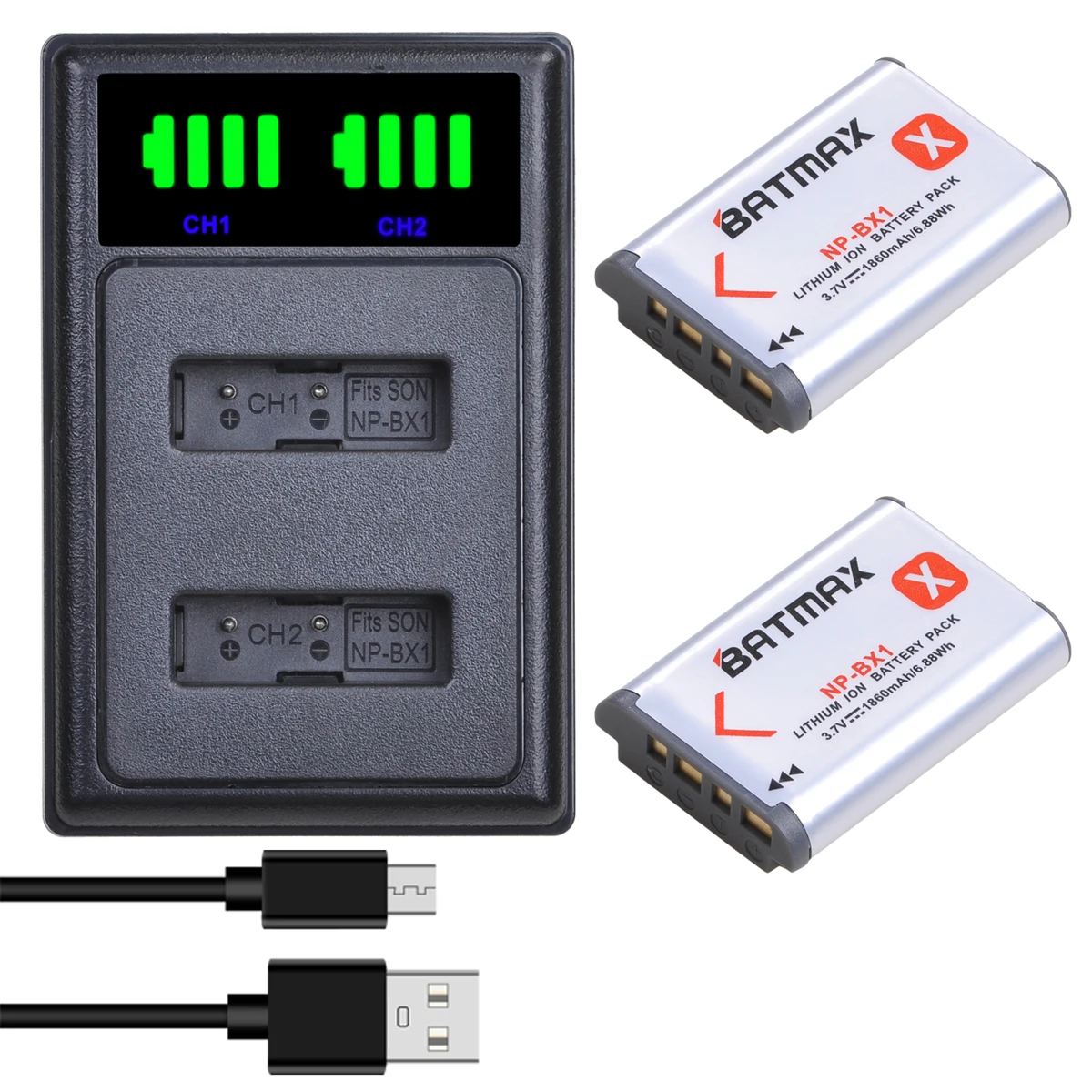 

Batmax NP-BX1 NPBX1 battery+LED Dual Charger with Type C Port For Sony FDR-X3000R RX100 AS100V AS300 HX400 HX60 AS50 WX350 ZV1