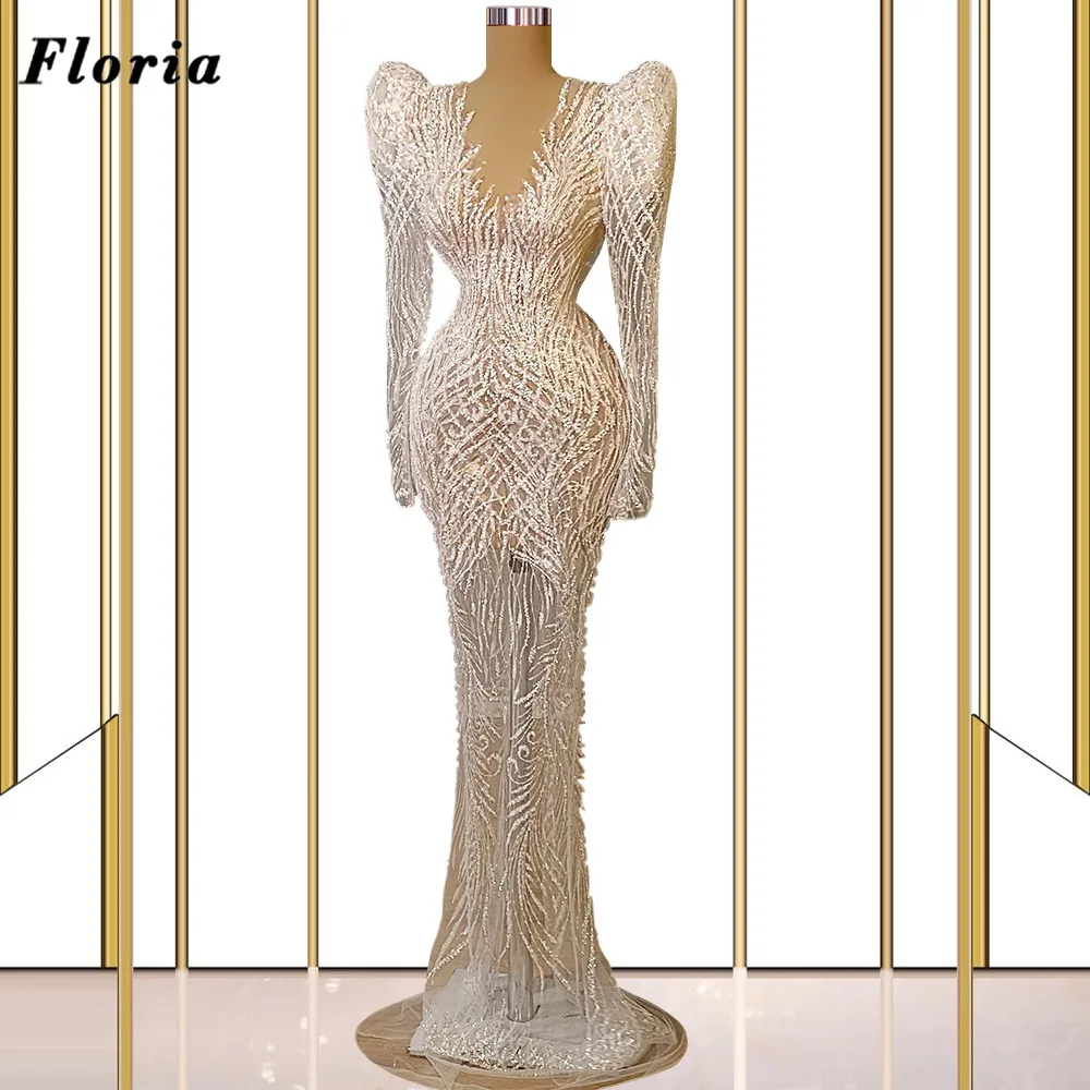 

Floria See Through Neck Long Evening Gowns Robes De Cocktail Cap Sleeves Beading Celebrity Dresses Red Carpet Dress Party Gowns