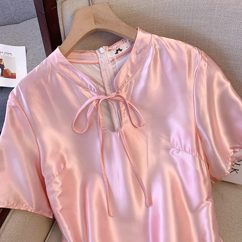 Женское атласное длинное платье с коротким рукавом синее китайское свободное