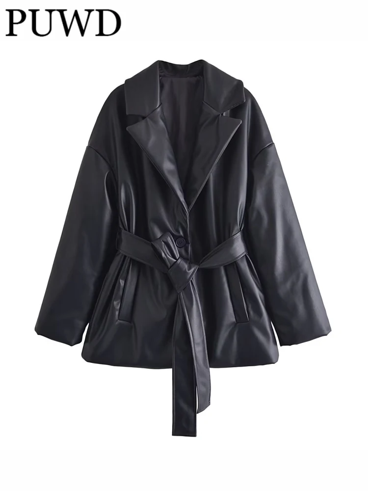 

Женский черный костюм PUWD из искусственной кожи с отложным воротником и поясом, зимнее пальто с хлопковой подкладкой 2022, модное повседневное...