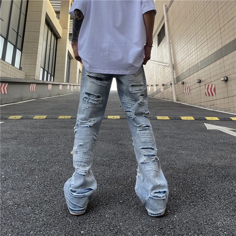 Ripped Hole Retro Washed Mens Jeans Streetwear Distressed Casual Baggy Denim Trousers Harajuku Straight Vibe Style Loose Pants