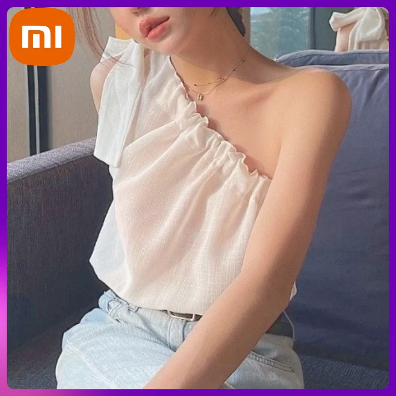 

XIAOMI Beach Casual Elegant Blouse White Designer Korean Sexy Shirts Slim Irregular Bohemian Chic Summer Clothes for Women