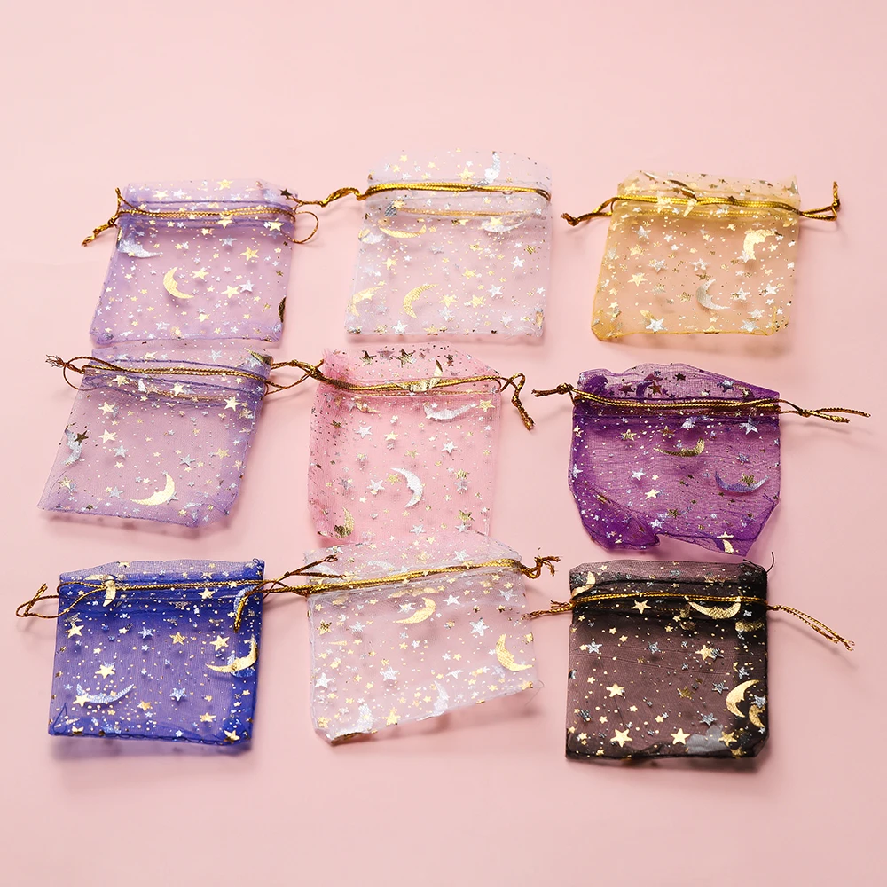 

10 шт./лот, несколько размеров, принт, звезда, луна, рождественский мешок из органзы, очаровательные упаковочные сумки на шнурке, повседневная упаковка для ювелирных изделий