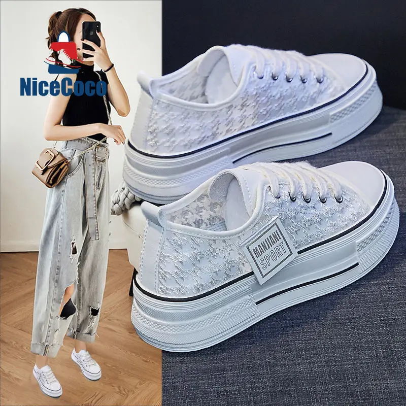 

2023 Summer Sports Shoes Women Sneakers Thin Breathable Thick Sole White Shoes Mesh Casual Shoes Lightweight Lace Free Shipping