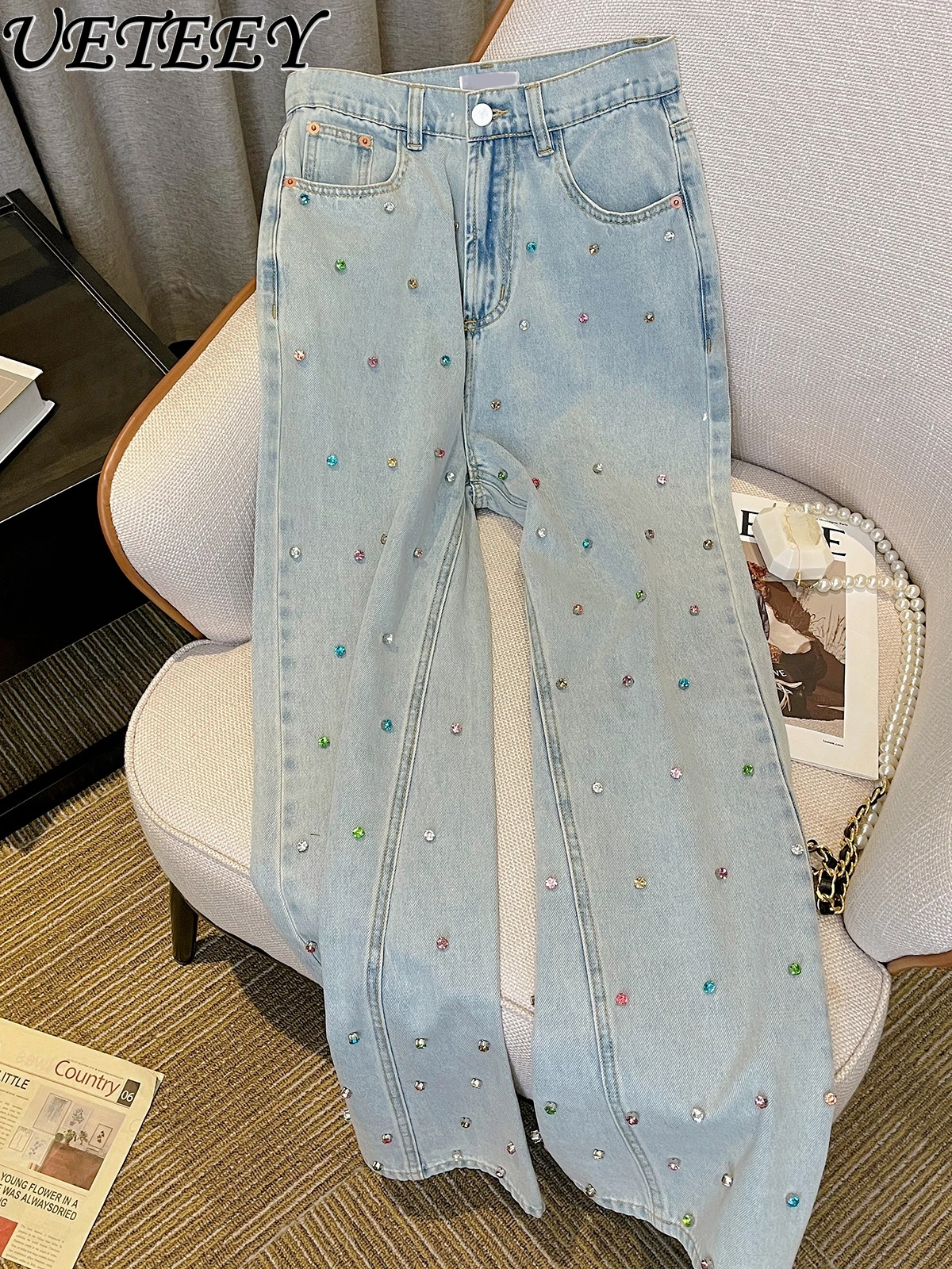 

Autumn Retro Minority High Waist Straight Baggy Jeans Women's High-Grade Fashion European Starry Rhinestone Loose Denim Pants