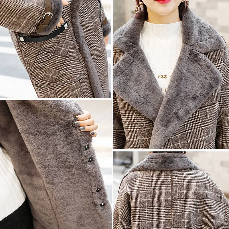 Women Winter Vintage Fashion Wool Plus Velvet Thickening Plaid Coat Female Formal Slim Long Sleeve Long Parkas Lasies Overcoat