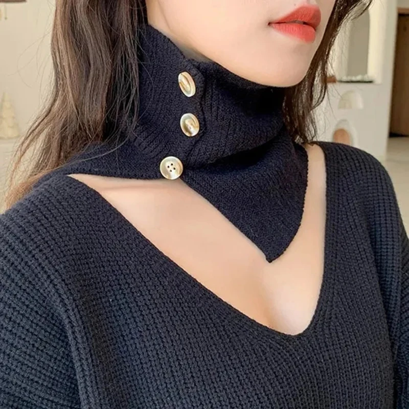 

Fashion Wool Knit Windproof Warm Scarf Winter Thick Elastic Button Soft False Collar Neck Guard Scarves Women Bib Pullover