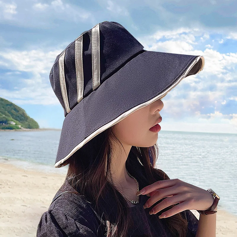 

Summer Women Sun Hat Stripes Hat Folding Sunscreen Anti-uv Big Biking Traval Holiday Fashion Sun Protection Beach Hat Visors